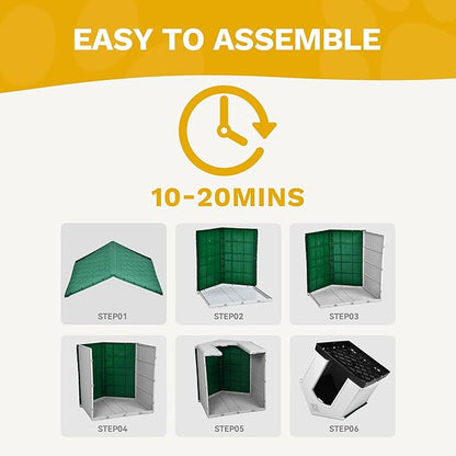 DWVO Robust Weatherproof Dog House, Indoor & Outdoor Safe Haven for Small to Medium Dogs, Easy Assembly & Cleaning (28.5''L*26''W*28''H, Green)