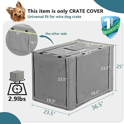 PETSFIT 36 Inch Wire Dog Crate Cover, Double Doors, Mesh Window, Detachable Top and Back Flap, Grey