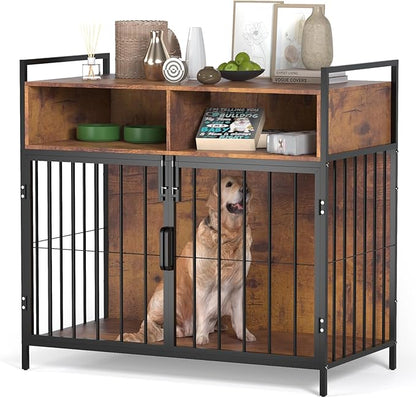 aboxoo 40/32 Inches Furniture-Style Cages,Large Medium Dog Kennels Indoor,Wood Dog Crate Table with Drawers Storage(Rustic Brown)