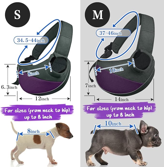 Dog Cat Sling Carrier, Adjustable Padded Shoulder Strap, with Mesh Pocket for Outdoor Travel (S - Up to 6 lbs, Light Purple - Grey)