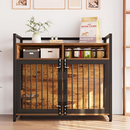 48 Inch Large Dog Crate Furniture for Large Dogs, Heavy Duty Kennel with 2 Drawers Storage, 360° Adjustable Raised Feeder, Wooden Dog Cage Indoor House End Table for Dogs