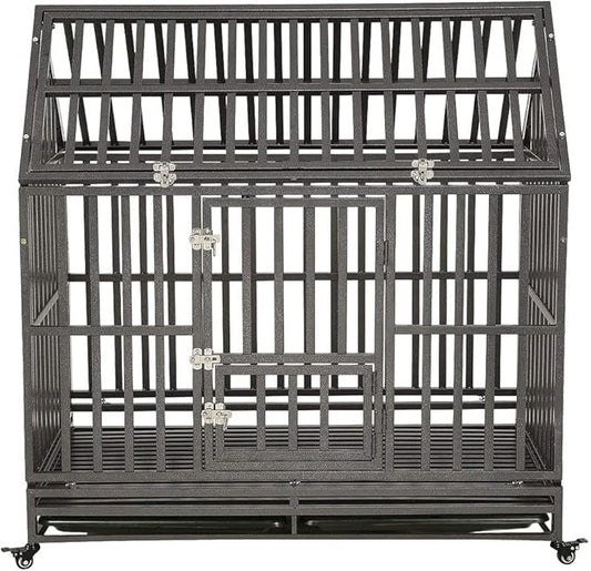 LUCKUP Heavy Duty Dog Cage Metal Kennel and Crate for Medium and Large Dogs, Pet Playpen with Four Wheels, Easy to Install, 48 inch, Black