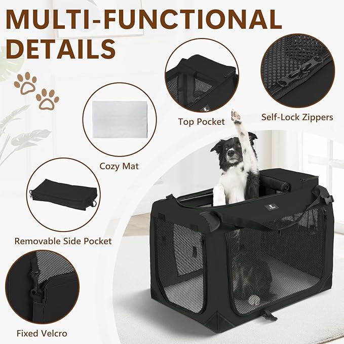 X-ZONE PET Dog Crate 3-Door Kennel, Collapsible Portable Soft Sided Pet Carriers for Indoor & Outdoor, Multiple (24-Inch, Carbon Black)