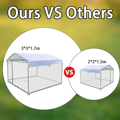 Large Dog Kennel 9.8X9.8FT, Large Outdoor Dog Kennel Heavy Duty Dog Cage with Waterproof UV-Resistant Cover Roof, Large Dog House Pen Enclosure, Silver
