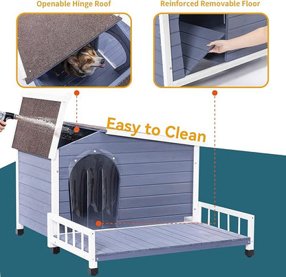 Wooden Dog House with Detachable Patio and Open Waterproof Asphalt Roof,Outdoor Dog Kennel W/Side Window,Front Door Design and PVC Door Curtain,Rainproof & Windproof Dog Cage for Pets,Gray