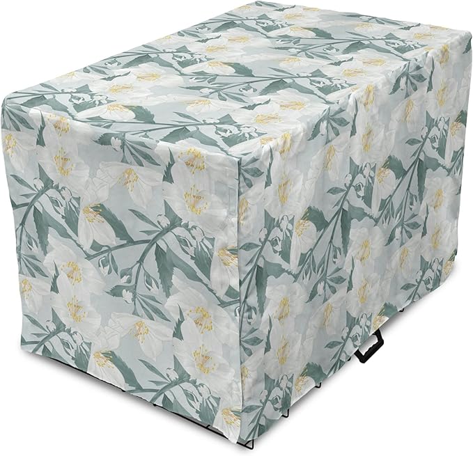 Lunarable Jasmine Dog Crate Cover, Delicate Pointy Petals Flower in Muted Tones, Easy to Use Pet Kennel Cover for Medium Large Dogs, 36 Inch, Pale Teal Pale Blue
