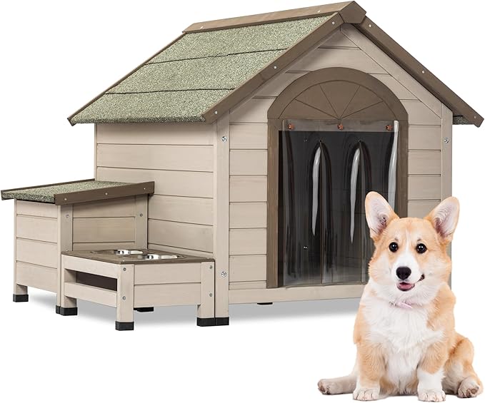 NicBex Dog Houses for Small Medium Large Dogs with Open Roof,Storage Box,2 Feeding Bowls Outdoor & Indoor,Wooden Puppy Shelter Large Doghouse with Porch for Winter,Durable &Waterproof,Brown