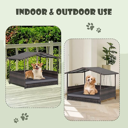 Giantex Wicker Dog House, Raised Rattan Dog Bed with Waterproof Roof, Washable Cushion Cover, Steel Frame, Indoor Outdoor Elevated Dog Bed Pet House for Small Medium Dogs Cats, Easy Assembly