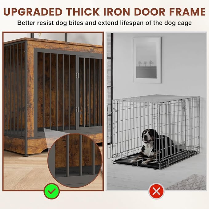 75 Inch Dog Crate Furniture, 3-in-1 Large Double Dog Crate with Trays and Divider, Doubled Dog Kennel Furniture Indoor, Dog Crate TV Stand for 2 Dogs (Brown)