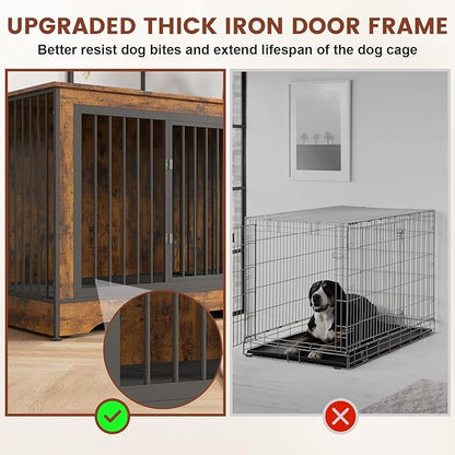 75 Inch Dog Crate Furniture, 3-in-1 Large Double Dog Crate with Trays and Divider, Doubled Dog Kennel Furniture Indoor, Dog Crate TV Stand for 2 Dogs (Brown)