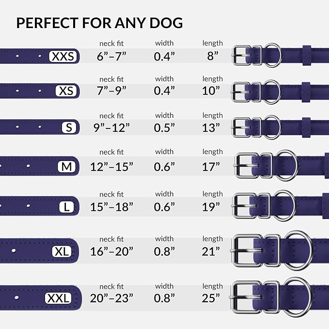 CollarDirect Rolled Leather Dog Collar, Soft Padded Round Puppy Collar, Handmade Genuine Leather Collar Dog Small Large Cat Collars 13 Colors (15-19 Inch, Purple Textured)