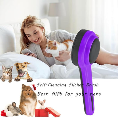 Cat Slicker Brush, Self-Cleaning Brush for Indoor Cats Grooming Brushes for Dogs Short Long Hair Cats Shedding Easy Remove Kittens Cats Loose Undercoat (Purple)