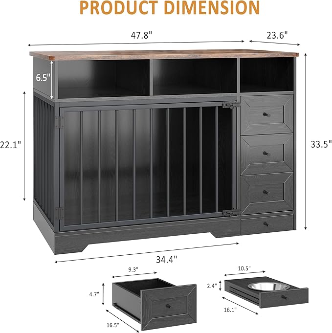 Dog Crate Furniture for Small Dogs, Wooden Dog Kennel Indoor with Storage Shelves, 3 Drawers & Hidden Bowl, Modern Pet Cage Side End Table, up to 120 lb, 48" L, Steel Lock, Black