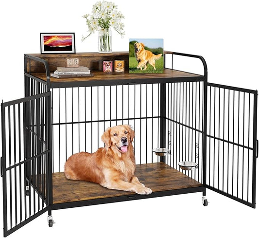 32 Inch Dog Crate Furniture, Dog Cages with Adjustable Feeder Height, Ideal for Small Dogs, Equipped with 360-Degree Swivel Casters for Smooth Mobility, Rustic Brown