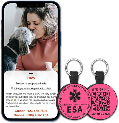 MYLUCKYTAG QR Code ESA Emotional Support Dog ID Tag - Pet Online Profile - Scan QR Receive Instant Pet Location Alert Email