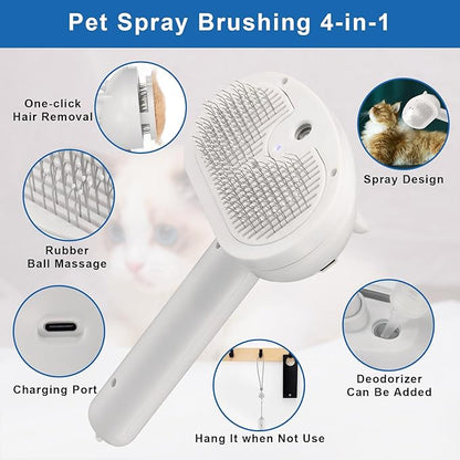Pet Steam Hair Comb Brush for Shedding, 4 In 1 Spray Brush for Long & Short Haired Cat&Dog, Self-Cleaning Hair Remover with Water Tank And LED Blue Light, Release Button (White)