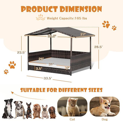 Giantex Wicker Dog House, Raised Rattan Dog Bed with Waterproof Roof, Washable Cushion Cover, Steel Frame, Indoor Outdoor Elevated Dog Bed Pet House for Small Medium Dogs Cats, Easy Assembly