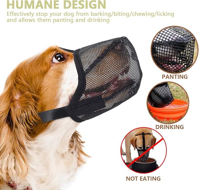Whongkidz Dog Muzzle for Medium Dogs, Air Mesh Full-Covered Mouth Guard with Adjustable Straps Muzzle, Drinkable Breathable No Biting Barking Chewing Licking or Eating Everything (Black, M)