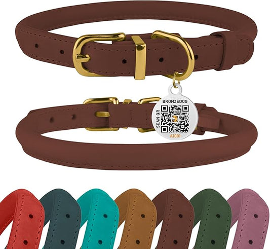 BRONZEDOG Rolled Leather Dog Collar with QR ID Tag Adjustable Soft Round Collars for Small Medium Large Dogs Puppy Cat (19" - 21" Neck Size, Cognac Brown)