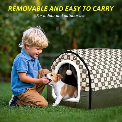 Dog House Indoor, Cozy Dog Cave Bed with Door Curtain, Cushion Mat, Removable and Washable Cover, Multi-Purpose Covered Dog Bed & Cat House for Small- Medium Dogs