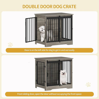 Dog Crate Furniture, 27.2" Double Door Dog Crate with Barn Door, Dog Kennel Indoor, End Side Table Wooden Dog Crate for Small Medium Dog, Anti-Chew Anti-Escape, Greige DFC84305B