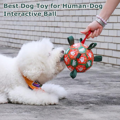 QDAN Christmas Dog Soccer Balls with Straps, Interactive Dog Toys for Tug of War, Puppy Birthday Gifts, Dog Tug Toy, Dog Water Toy, Durable Dog Balls for Small & Medium Dogs（6 Inch）