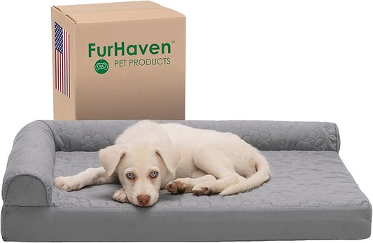 Furhaven Memory Foam Dog Bed for Medium/Small Dogs w/ Removable Bolsters & Washable Cover, For Dogs Up to 35 lbs - Pinsonic Quilted Paw L Shaped Chaise - Titanium, Medium