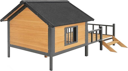Ball & Cast 67" Outdoor Wooden Dog House with Waterproof Asphalt Roof,All-Around Iron Frame Kennel with Resting Porch for Large Dogs(71-90 lbs),Durable Yard Cabin for Pets,Honey
