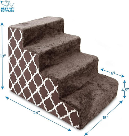 Best Pet Supplies Foam Pet Steps for Small Dogs and Cats, Portable Ramp Stairs for Couch, Sofa, and High Bed Climbing, Non-Slip Balanced Indoor Step Support, Paw Safe - Brown Lattice Print, 4-Step