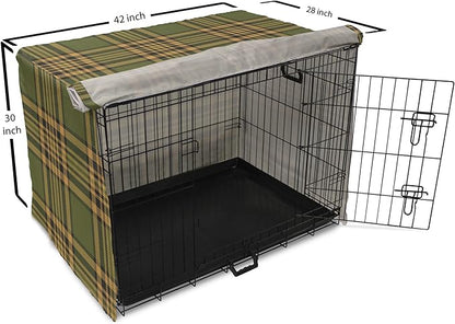 Lunarable Plaid Dog Crate Cover, Tartan Pattern in Autumn Tones Old Fashioned Design Country Illustration, Easy to Use Pet Kennel Cover for Medium Large Dogs, 42 Inch, Olive Green Mustard