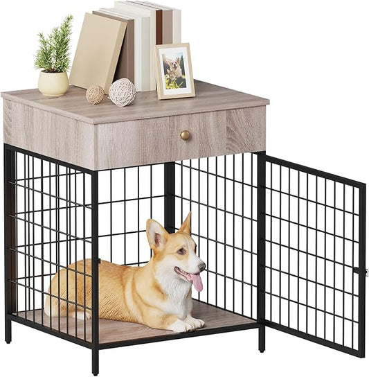 Decorative Grey Steel-Tube Dog Kennel Table with Drawer, Chew-Proof Indoor Pet Crate End Table for Small Dogs