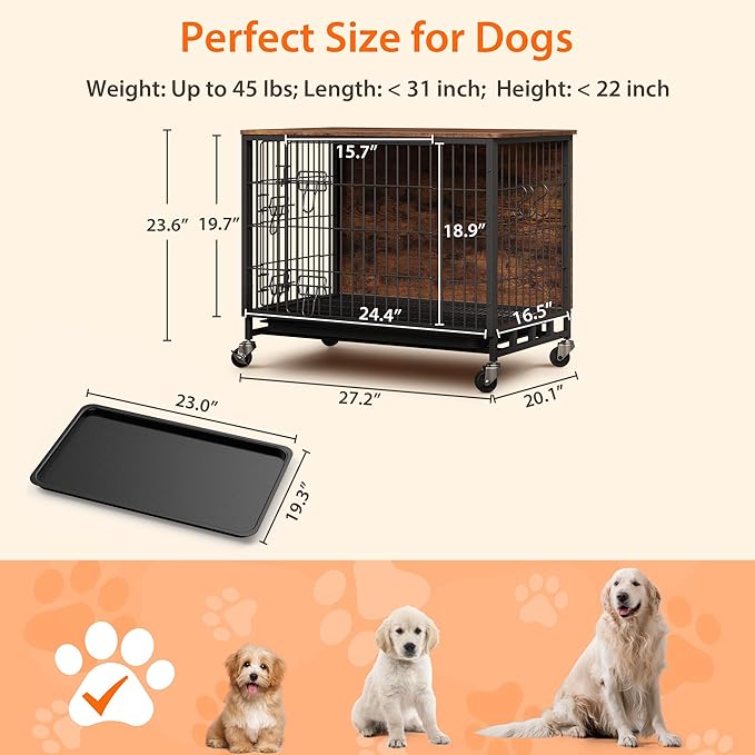 Dog Crate Furniture, Compact 27.2" Small Dog Dual-Entry Kennel Meets End Table, Easy-Clean, Chew-Proof, Easy Mobility for Cozy Spaces, Rustic Brown