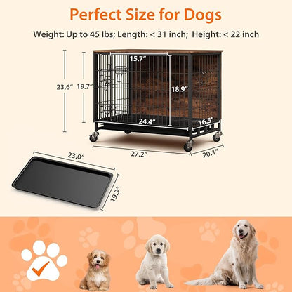 27.2" Dog Crate Furniture, Furniture-Style Dog Crate - Kennel Table with Wheels, Rustic Pet Cage for Small Breeds, Brown & Black