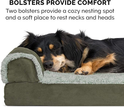 Furhaven Cooling Gel Dog Bed for Medium/Small Dogs w/ Removable Bolsters & Washable Cover, For Dogs Up to 35 lbs - Two-Tone Plush Faux Fur & Suede L Shaped Chaise - Dark Sage, Medium