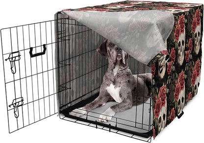 Lunarable Halloween Dog Crate Cover, Mexican Sugar Skull Rose Bouquets Spooky Traditional Humour Culture, Easy to Use Pet Kennel Cover for Medium Large Dogs, 48 Inch, Black Grey