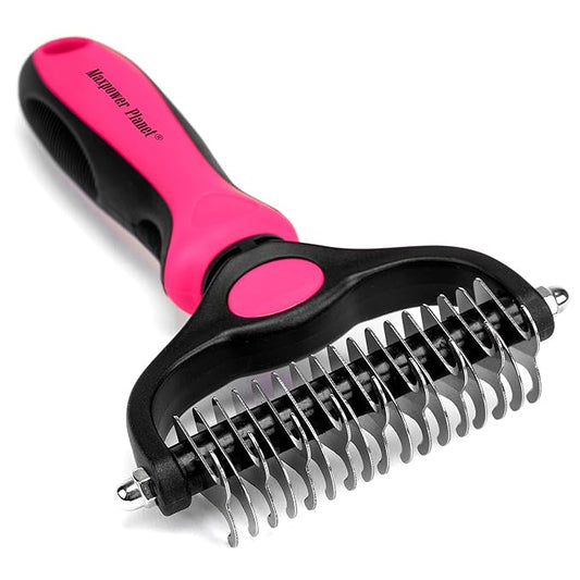 Maxpower Planet Hair Brush - Double Sided Shedding, Dematting Undercoat Rake for Dogs, Cats - Extra Wide Dog Grooming Brush, Pink