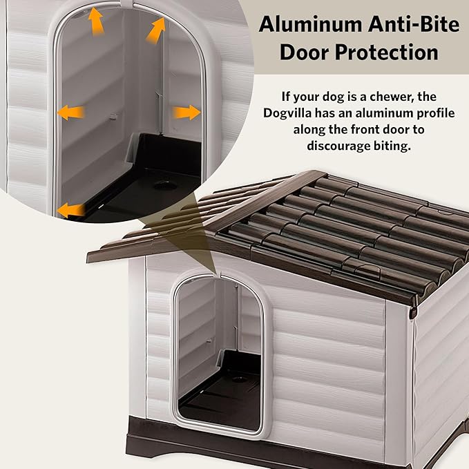 Ferplast Dog Villa Medium Indoor and Outdoor Dog House, Measures 35.04L x 25.4W x 28.5H Inches, Ventilated with Patented Fold-Out Porch, Cream with Dark Brown Bottom, Part # 87255099