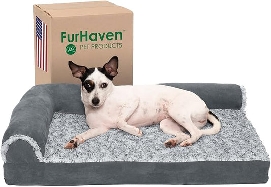 Furhaven Memory Foam Dog Bed for Medium/Small Dogs w/ Removable Bolsters & Washable Cover, For Dogs Up to 35 lbs - Two-Tone Plush Faux Fur & Suede L Shaped Chaise - Stone Gray, Medium
