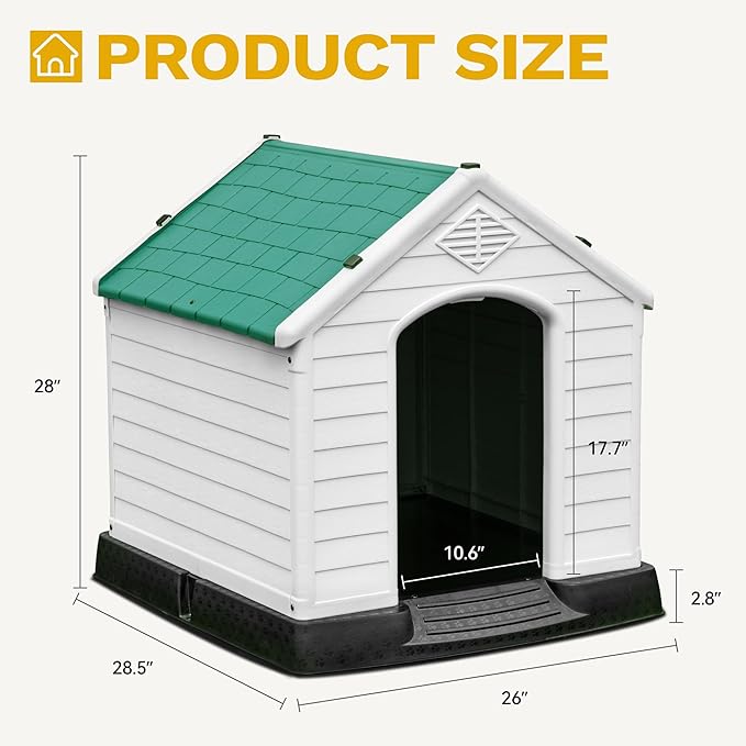 DWVO Robust Weatherproof Dog House, Indoor & Outdoor Safe Haven for Small to Medium Dogs, Easy Assembly & Cleaning (28.5''L*26''W*28''H, Green)