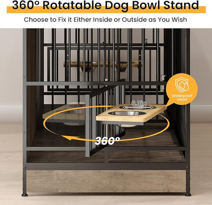 78'' Double Dog Crate Furniture for 2 Dogs, Double Dog Kennel with 360° Rotating and Adjustable Height Dog Bowl Holder with 4 Bowls, Grey Dog Kennel with Divider for Small Medium Large Dogs