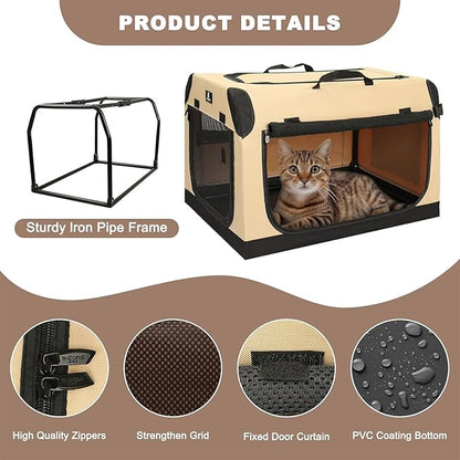 X-ZONE PET Dog Crate Travel Cage for Medium Dogs Portable Collapsible Cat Kennel with 3-Door Durable and Easy Clear Indoor & Outdoor Pet Home 32 '' Beige