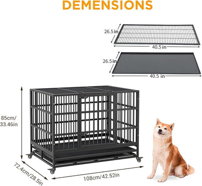 42inch Heavy Duty Indestructible Dog Crate Steel Escape Proof,Indoor Dog House High Anxiety Cage,Kennel with Wheels,Removable Tray