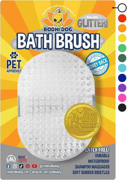 Bodhi Dog Shampoo Brush - Pet Grooming & Bath Supplies for Cats and Dog - Bath Brush for Long & Short Hair - Premium Scrubber for Shower, Bathing & Massage (One Pack, Silver Glitter)