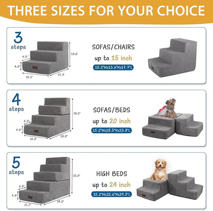 Dog Stairs for Small Dog, 4-Step Dog Steps for High Beds and Couch, Non-Slip Pet Stairs for Small Dogs and Cats,Dog Bed Stairs, Grey, 3/4/5 Steps