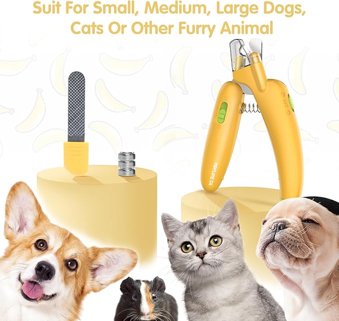 Dog Nail Clippers with LED Light & Nail File – Professional at-Home Pet Grooming Kit, Razor-Sharp Claw Trimmer & Built-in File for Safe, Stress-Free Trimming on Dogs Cats. Yellow