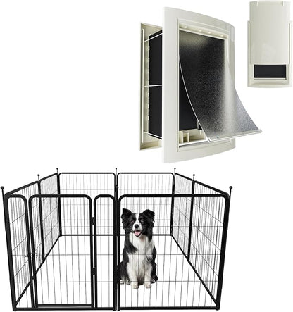 MESTYL Dog Door for Wall and Dog Play Pen Indoors, Heavy Duty Metal Puppy Playpen, Portable Dog Exercise Pen Temporary Pet Fence with Gate, 32" Height 8 Panels