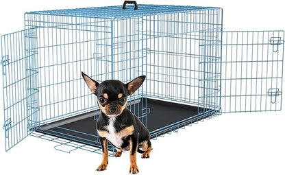 FDW 24 inch Dog Crate Dog Kennel Cage with Double Door Folding Metal Wire Dog Cage with Removable Tray&Divider Panel,Pet Crate for Small Dogs,Blue