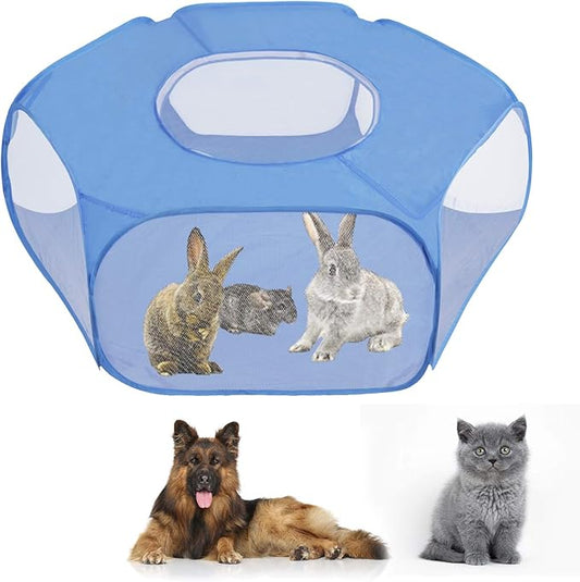 Portable Pet Tent Small Animal Pet Playpen Breathable Transparent Pet Tent with Zipper Top Cover Indoor Outdoor Foldable Cage Exercise Yard Fence for Kitten Puppy Guinea Pig Small Dogs Cats