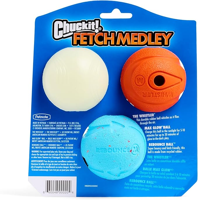 Chuckit! Gen 3 Fetch Medley Dog Balls - Includes the High-Bounce Fetch Ball, Floating Ultra Ball, and Rugged Ball - Durable Rubber Toys for Dogs 20-60 lbs - Size Medium - 2.5-inch Diameter - Set of 3