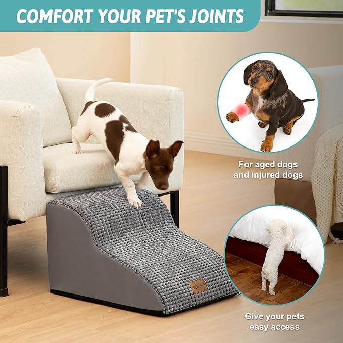 Dog Stairs for Small Dogs 11.8" H, Pet Step with Leakproof Cover, High Density Foam Cat Ramp for Chair or Sofa, Lightweight, Durable, Comfort, 15.7x19.7x11.8 inch, 2 Tiers, Light Grey